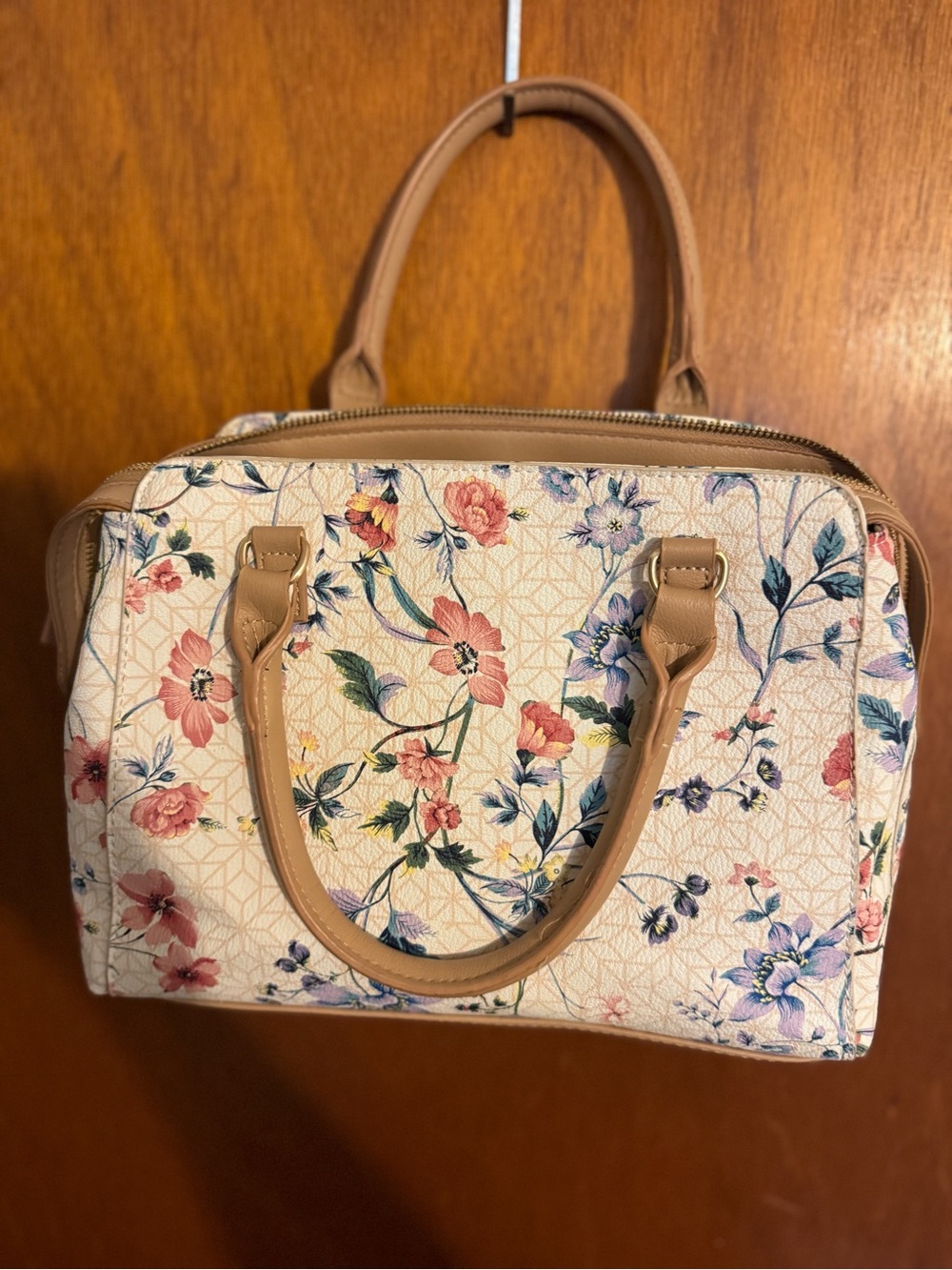 Floral Print Satchel Handbag in Beige - Picture 2 of 12